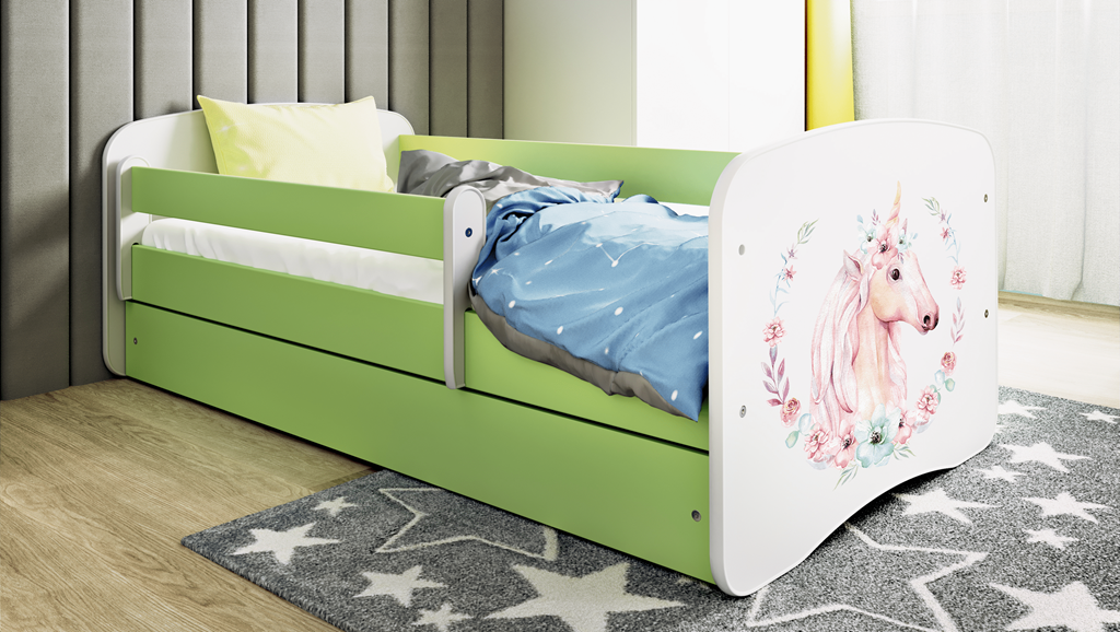 Letto per bambini babydreams green horse con cassettone e materasso omaggio 140/70
