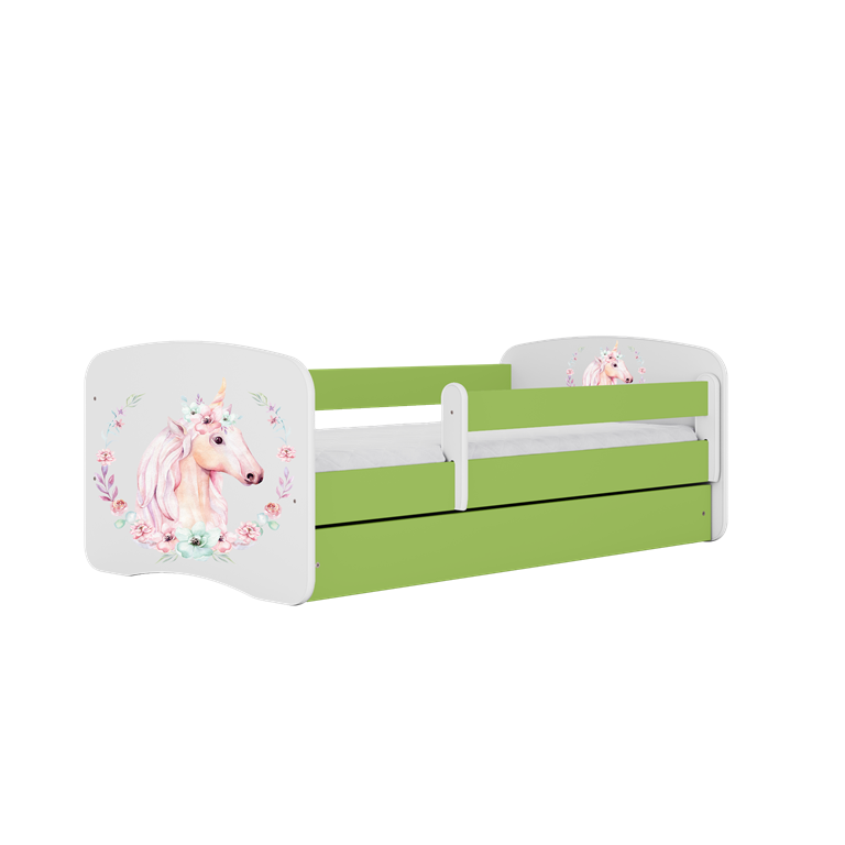 Letto per bambini babydreams green horse con cassettone e materasso omaggio 140/70