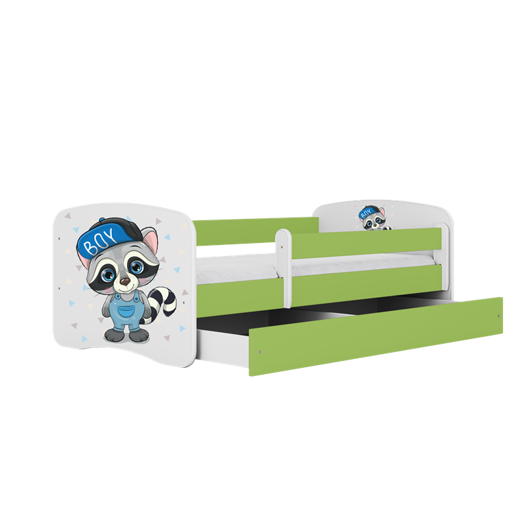 Letto per bambini babydreams green raccoon con cassettone e materasso omaggio 140/70