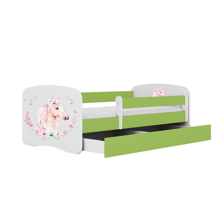 Letto per bambini babydreams green horse con cassettone e materasso omaggio 160/80