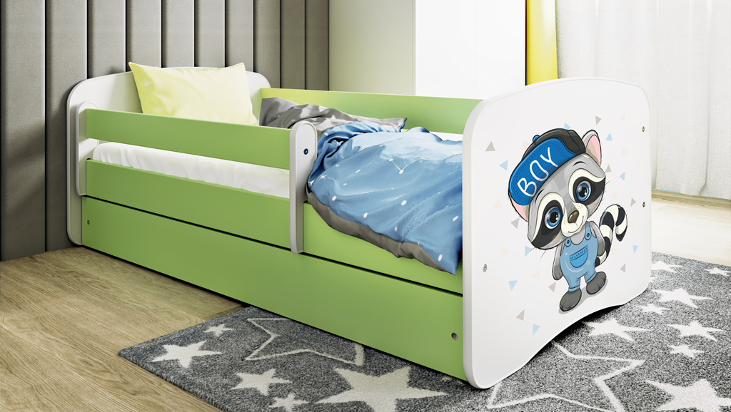 Letto per bambini babydreams green raccoon con cassettone e materasso omaggio 180/80
