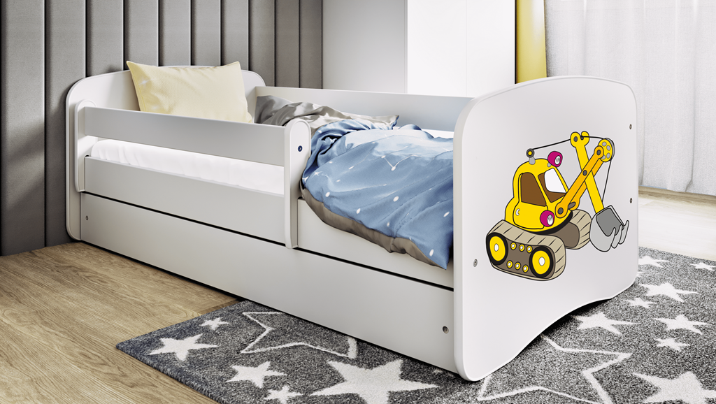 Letto per bambini babydreams white digger con cassettone e materasso omaggio 140/70