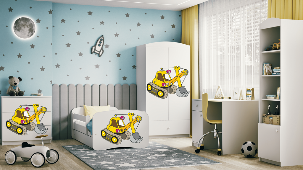 Letto per bambini babydreams white digger con cassettone e materasso omaggio 140/70