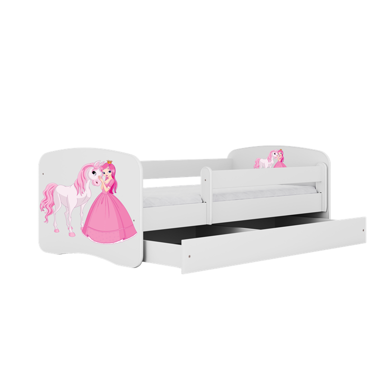 Letto per bambini babydreams white princess horse con cassettone e materasso omaggio 140/70