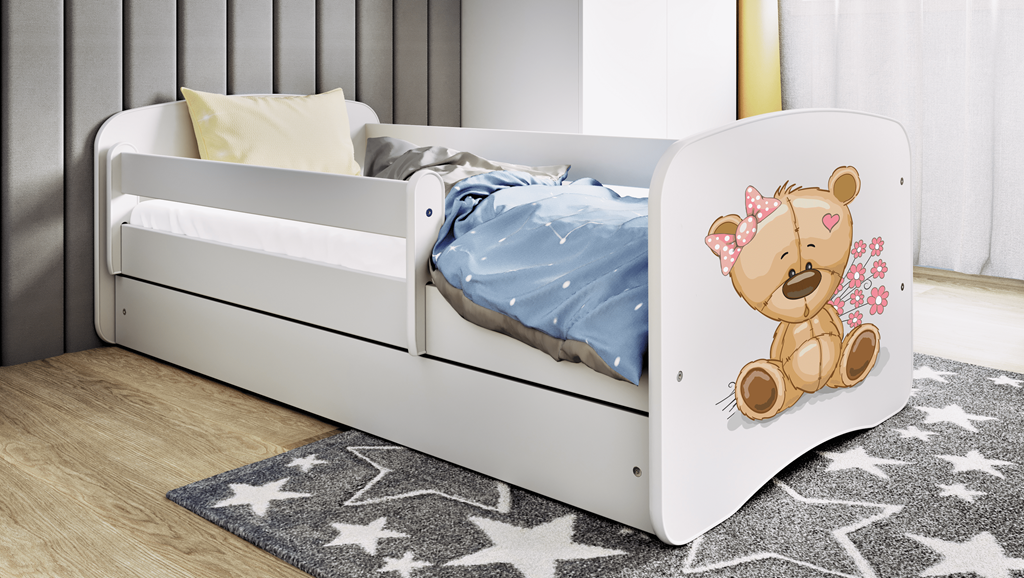 Letto per bambini babydreams white teddybear flowers con cassettone e materasso omaggio 140/70