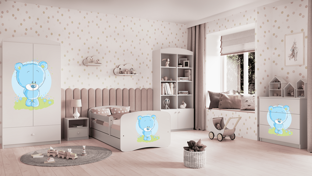 Letto per bambini babydreams white blue teddybear con cassettone e materasso omaggio 140/70