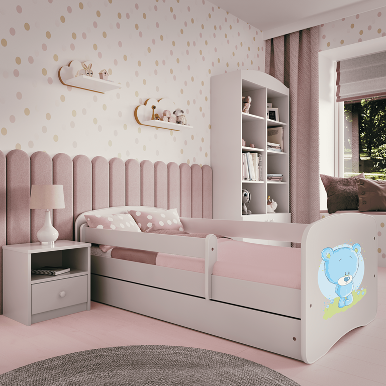 Letto per bambini babydreams white blue teddybear con cassettone e materasso omaggio 140/70