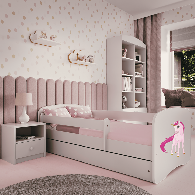 Letto per bambini babydreams white unicorn con cassettone e materasso omaggio 160/80