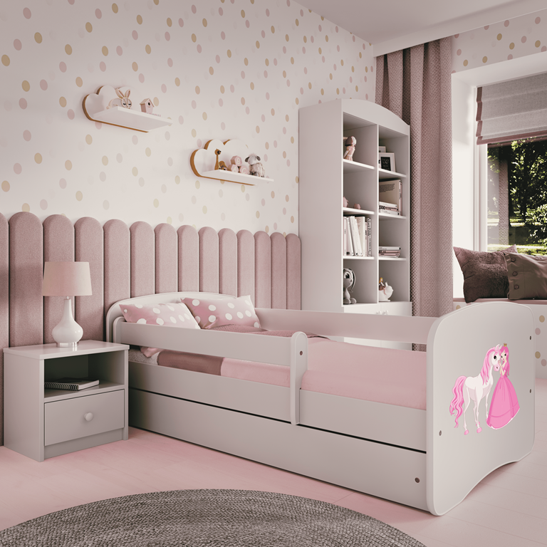 Letto per bambini babydreams white princess horse con cassettone e materasso omaggio 160/80