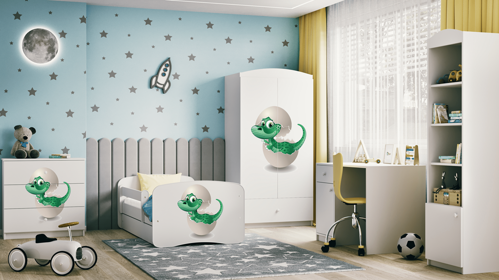 Letto per bambini babydreams white baby dino con cassettone e materasso omaggio 160/80