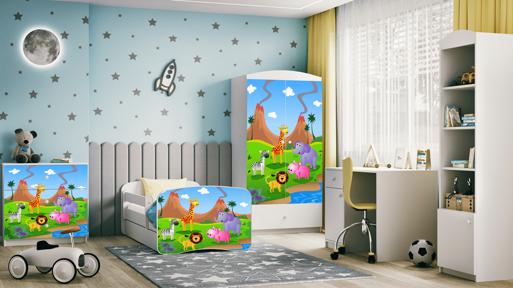 Letto per bambini babydreams white safari con cassettone e materasso omaggio 160/80