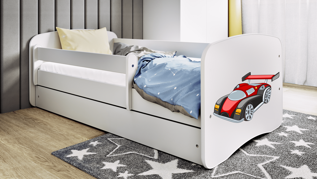 Letto per bambini babydreams white racing car con cassettone e materasso omaggio 180/80