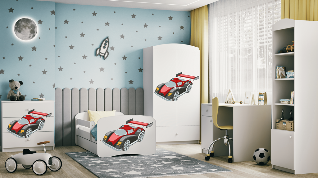 Letto per bambini babydreams white racing car con cassettone e materasso omaggio 180/80