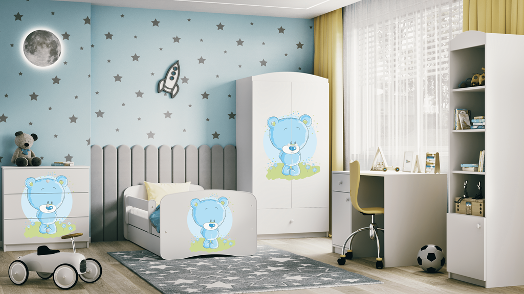 Letto per bambini babydreams white blue teddybear con cassettone e materasso omaggio 180/80