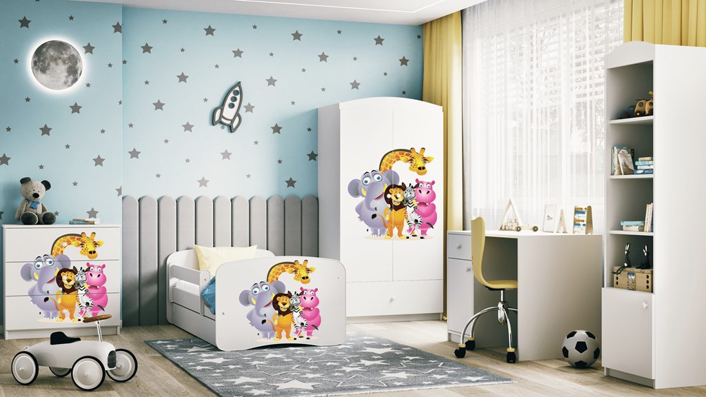 Letto per bambini babydreams white zoo con cassettone e materasso omaggio 180/80