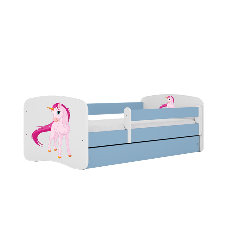 Letto per bambini babydreams blue unicorn con cassettone e materasso omaggio 140/70