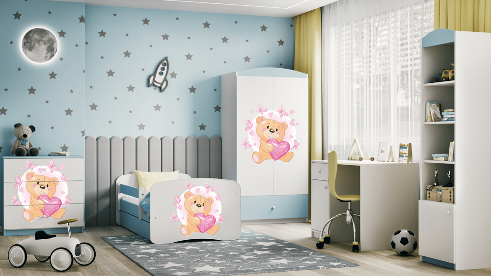 Letto per bambini babydreams blue teddybear butterflies con cassettone e materasso omaggio 140/70