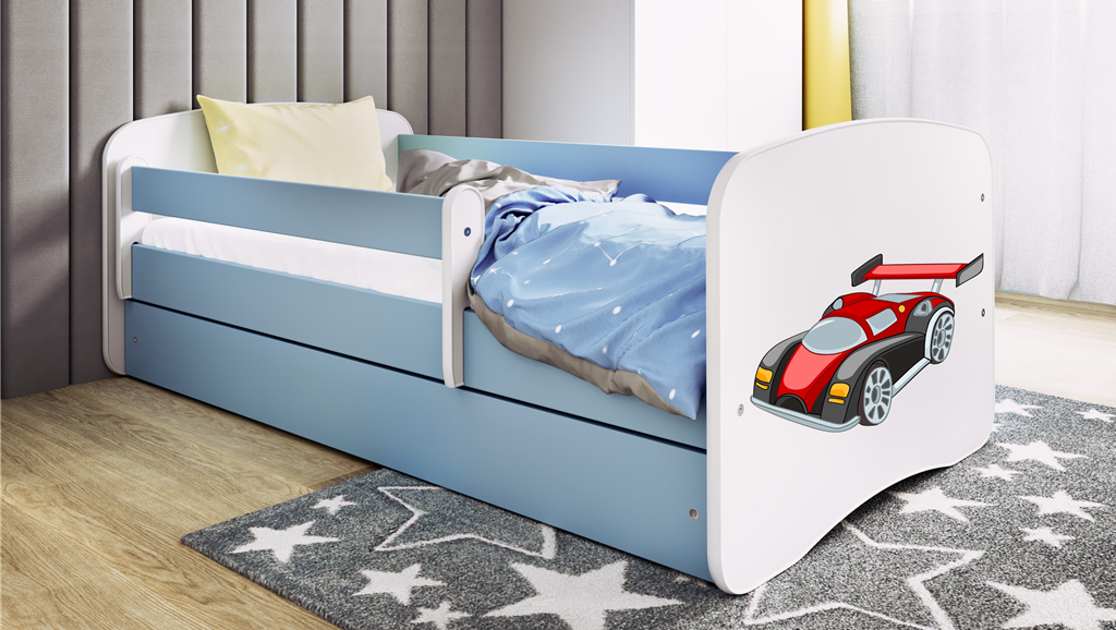 Letto per bambini babydreams blue racing car con cassettone e materasso omaggio 160/80