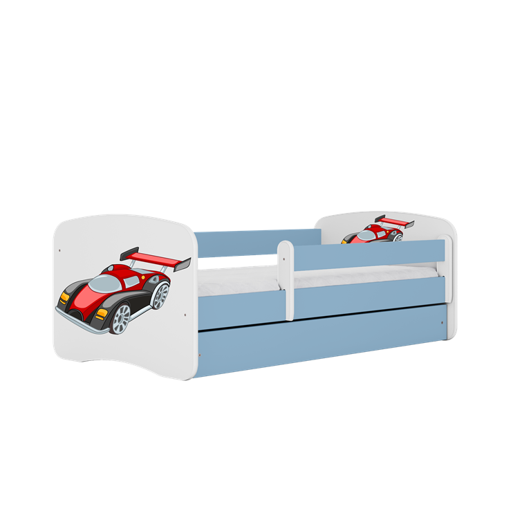 Letto per bambini babydreams blue racing car con cassettone e materasso omaggio 160/80