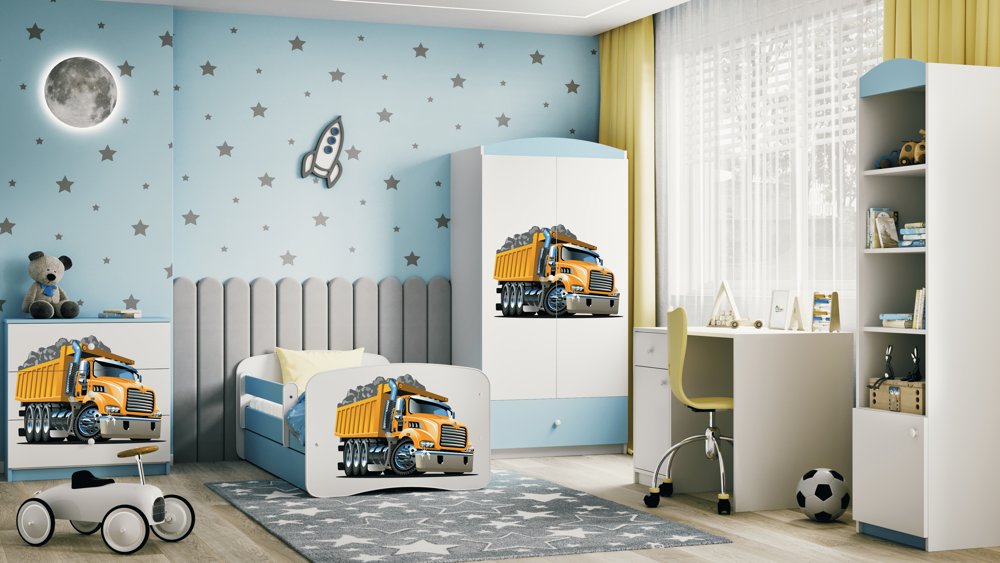 Letto per bambini babydreams blue truck con cassettone e materasso omaggio 160/80