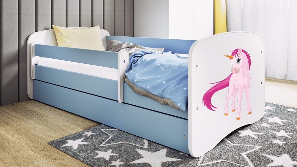 Letto per bambini babydreams blue unicorn con cassettone e materasso omaggio 160/80