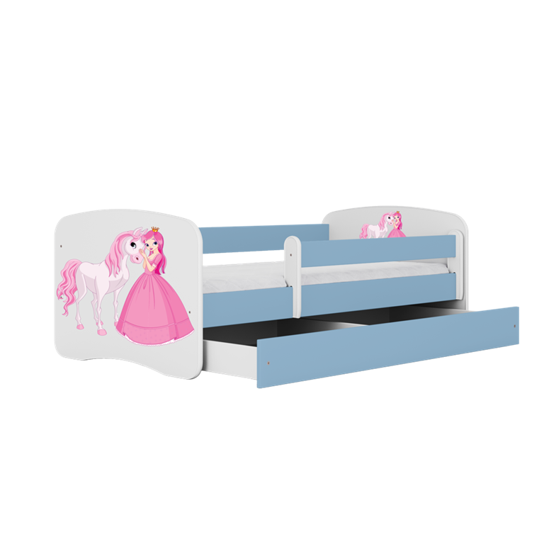 Letto per bambini babydreams blue princess horse con cassettone e materasso omaggio 160/80