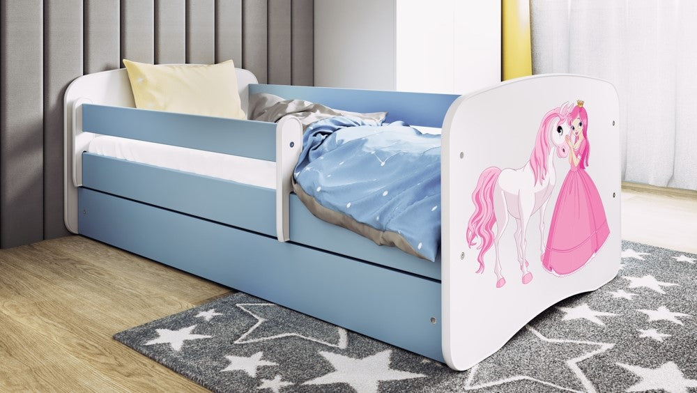 Letto per bambini babydreams blue princess horse con cassettone e materasso omaggio 160/80