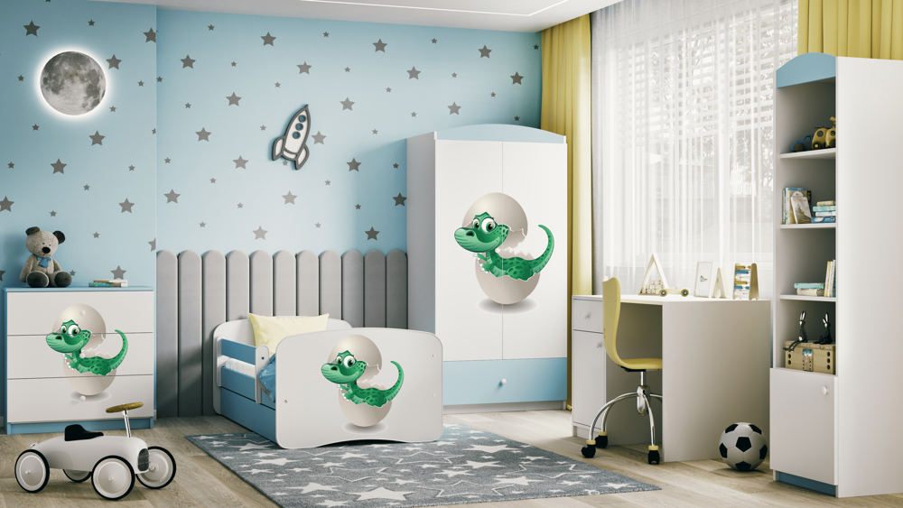 Letto per bambini babydreams blue baby dino con cassettone e materasso omaggio 160/80