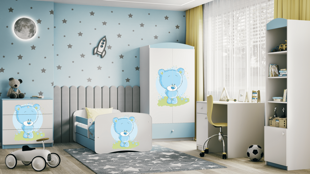 Letto per bambini babydreams blue blue teddybear con cassettone e materasso omaggio 160/80
