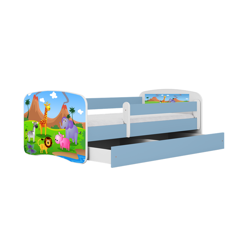 Letto per bambini babydreams blue safari con cassettone e materasso omaggio 160/80
