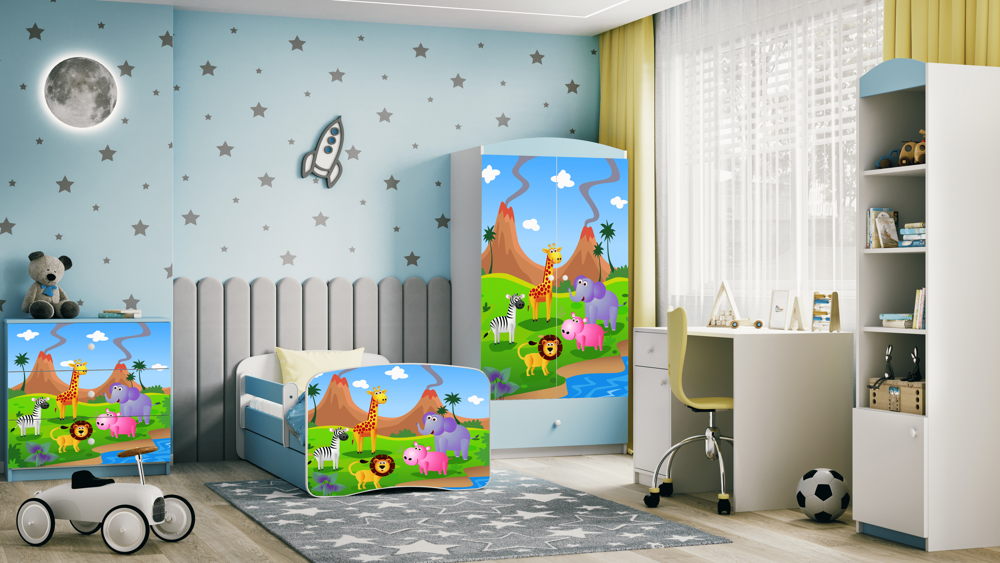 Letto per bambini babydreams blue safari con cassettone e materasso omaggio 160/80