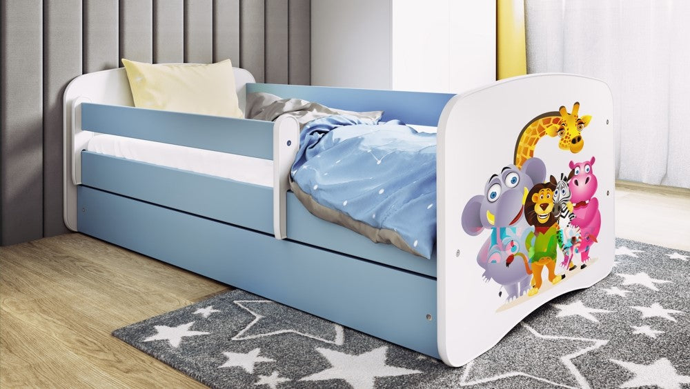Letto per bambini babydreams blue zoo con cassettone e materasso omaggio 160/80
