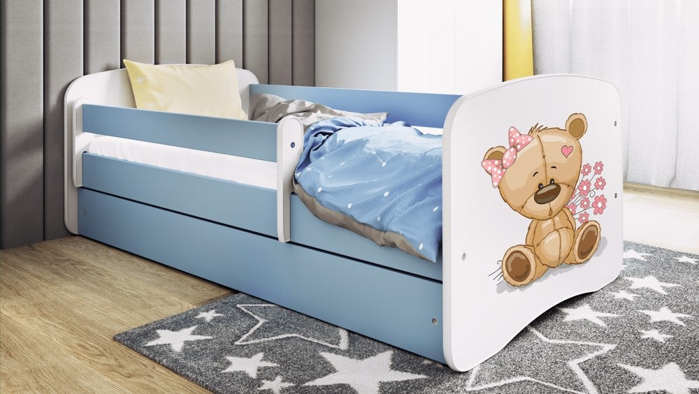 Letto per bambini babydreams blue teddybear flowers con cassettone e materasso omaggio 180/80