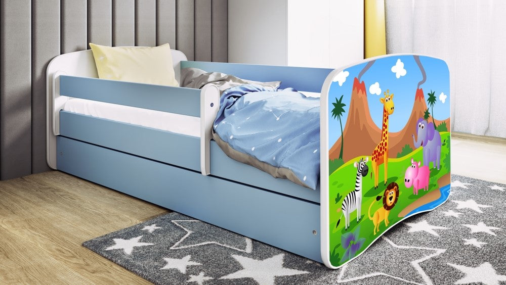 Letto per bambini babydreams blue safari con cassettone e materasso omaggio 180/80