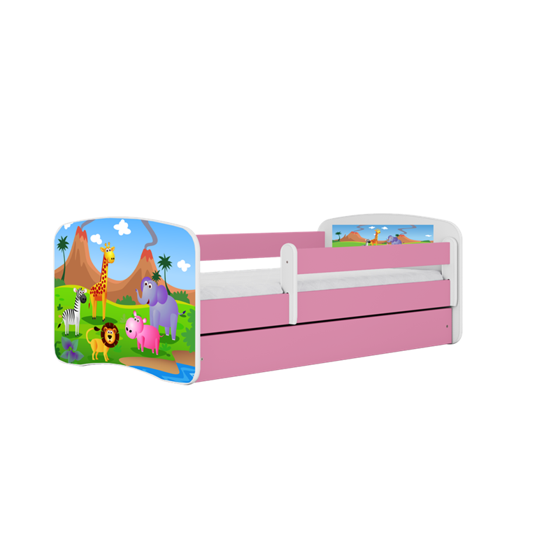 Letto per bambini babydreams pink safari con cassettone e materasso omaggio 140/70