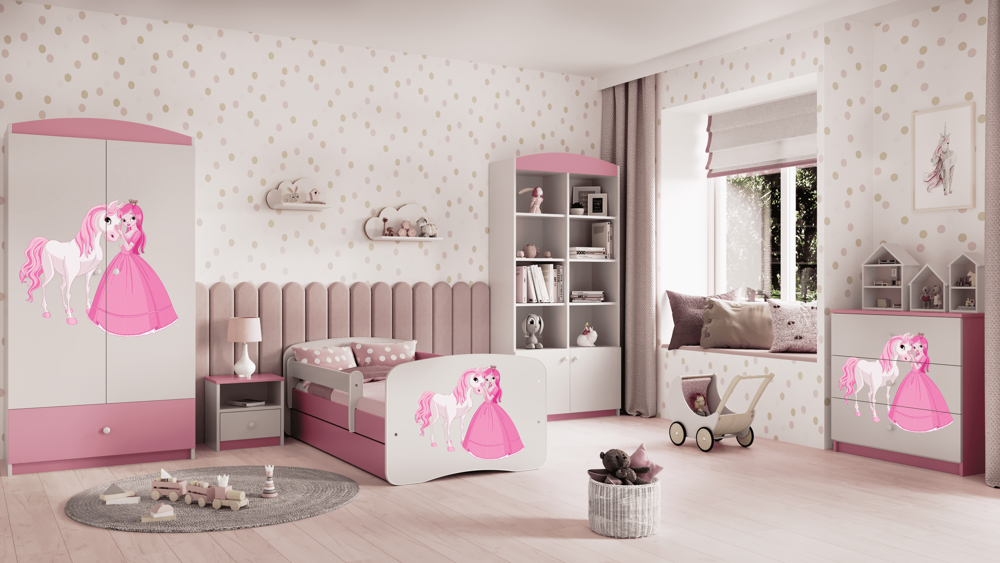 Letto per bambini babydreams pink princess horse con cassettone e materasso omaggio 160/80