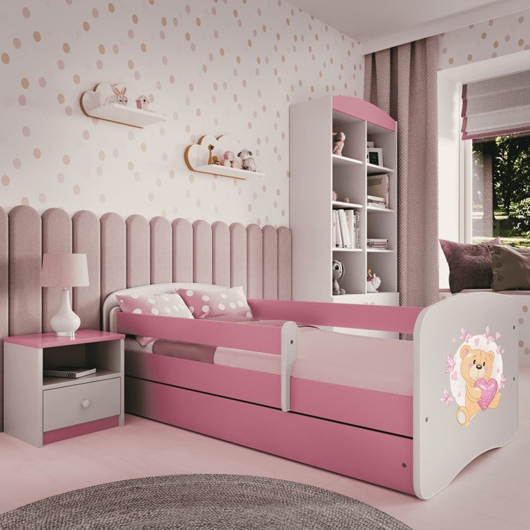 Letto per bambini babydreams pink teddybear butterflies con cassettone e materasso omaggio 160/80