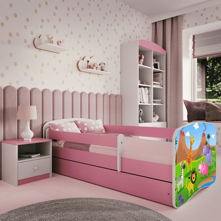 Letto per bambini babydreams pink safari con cassettone e materasso omaggio 160/80