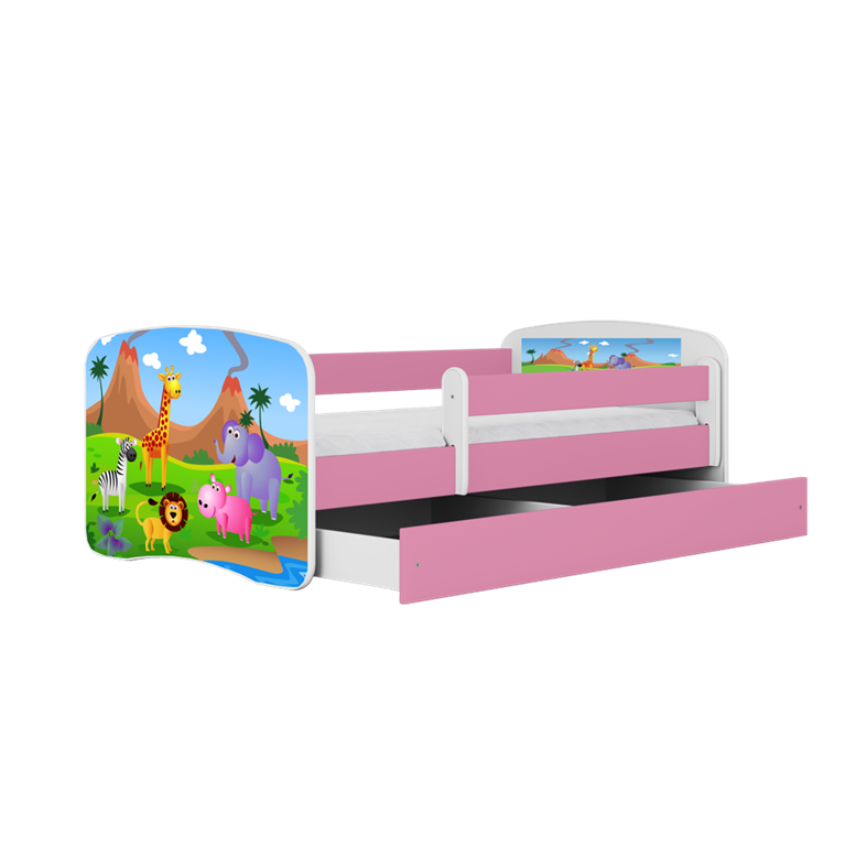 Letto per bambini babydreams pink safari con cassettone e materasso omaggio 160/80