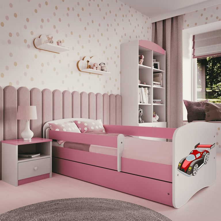 Letto per bambini babydreams pink racing car con cassettone e materasso omaggio 180/80