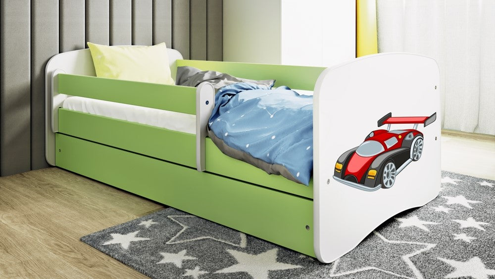 Bed babydreams green racing car with drawer with mattress 140/70