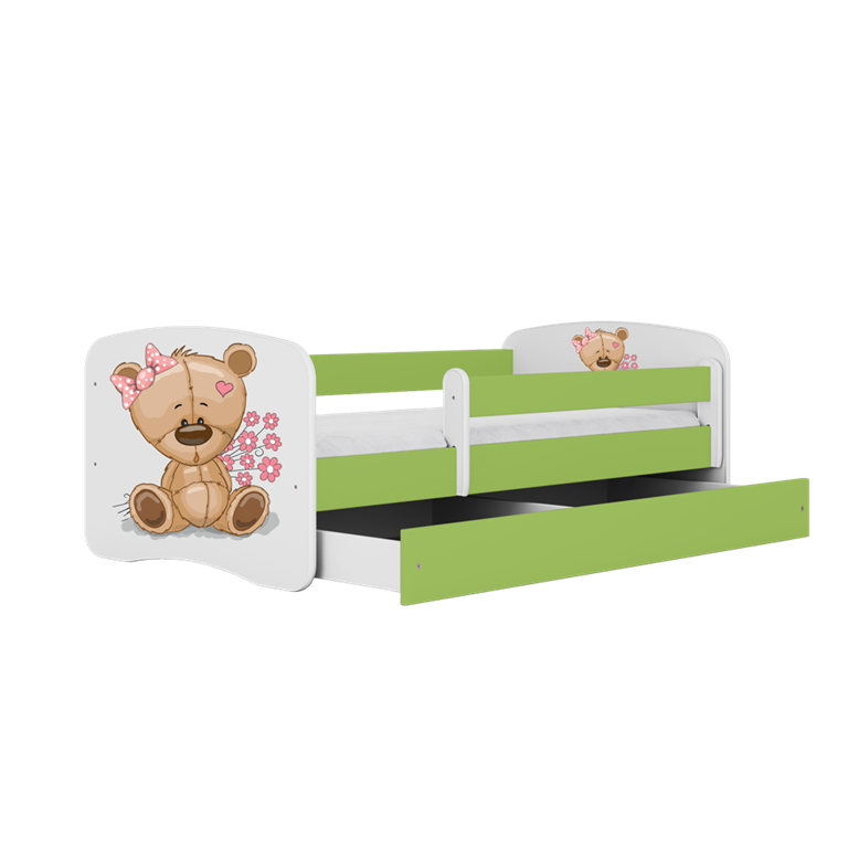 Bed babydreams green teddybear flowers with drawer with mattress 140/70