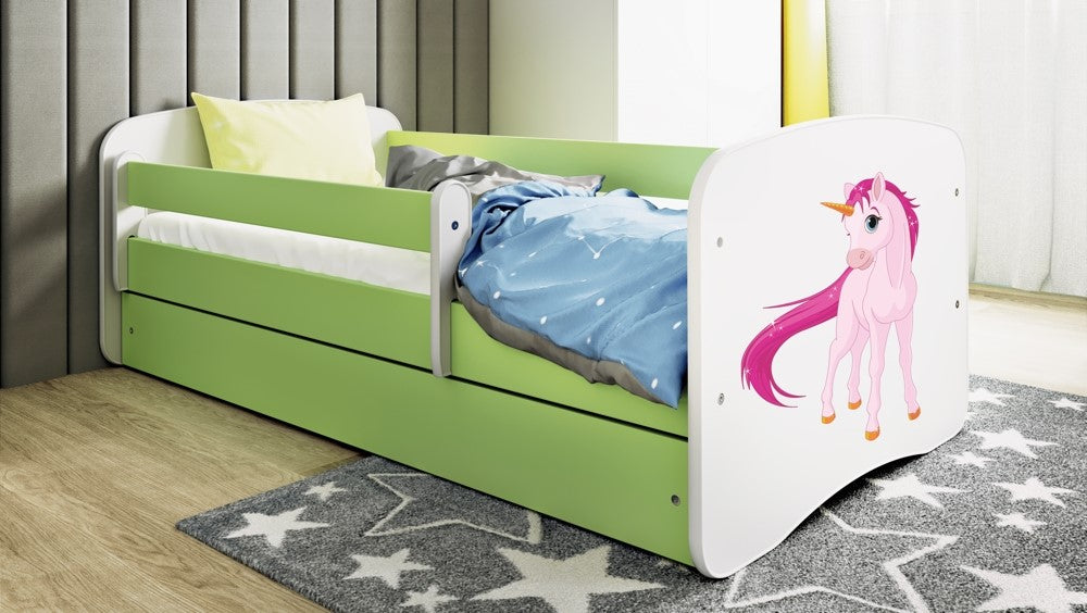 Letto per bambini babydreams green unicorn con cassettone e materasso omaggio 160/80
