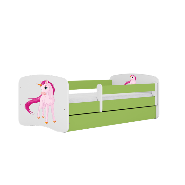 Letto per bambini babydreams green unicorn con cassettone e materasso omaggio 160/80