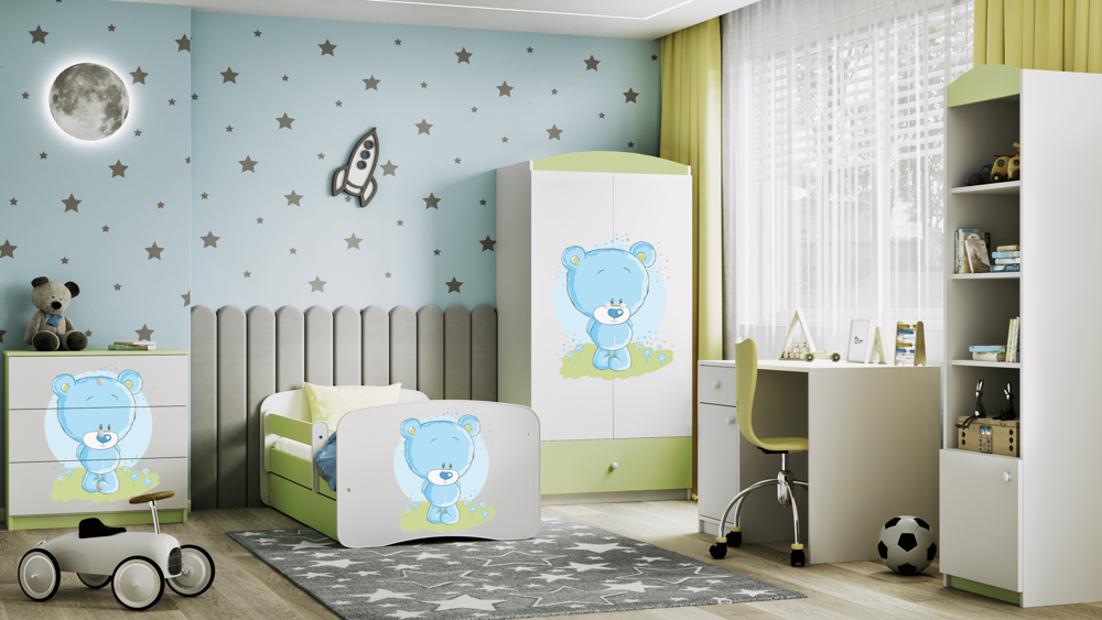 Letto per bambini babydreams green blue teddybear con cassettone e materasso omaggio 160/80