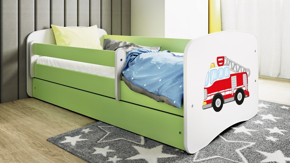 Letto per bambini babydreams green fire brigade con cassettone e materasso omaggio 160/80