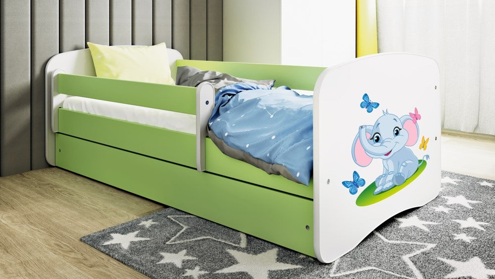 Letto per bambini babydreams green baby elephant con cassettone e materasso omaggio 180/80