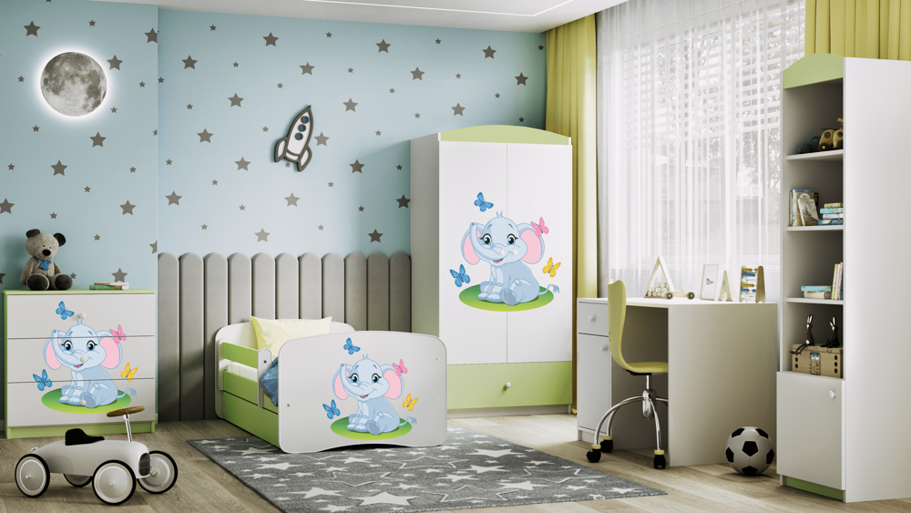 Letto per bambini babydreams green baby elephant con cassettone e materasso omaggio 180/80
