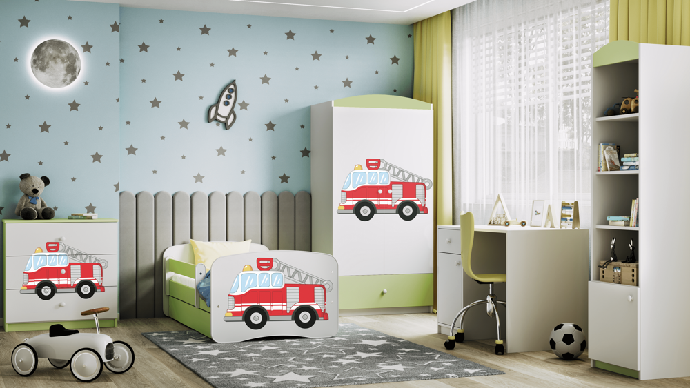 Bed babydreams green fire brigade with drawer with mattress 180/80