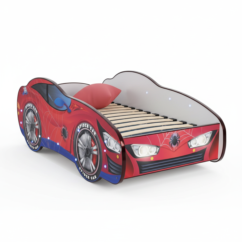 Letto Spiderman 160x80 a forma di macchina con LED